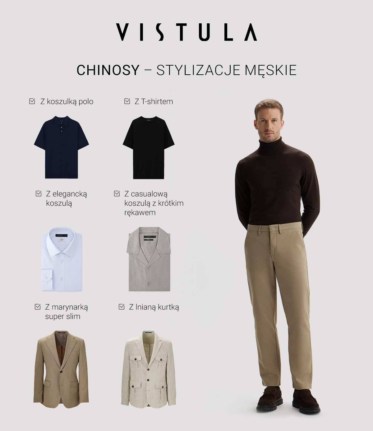 Chinosy – stylizacje męskie. infografika