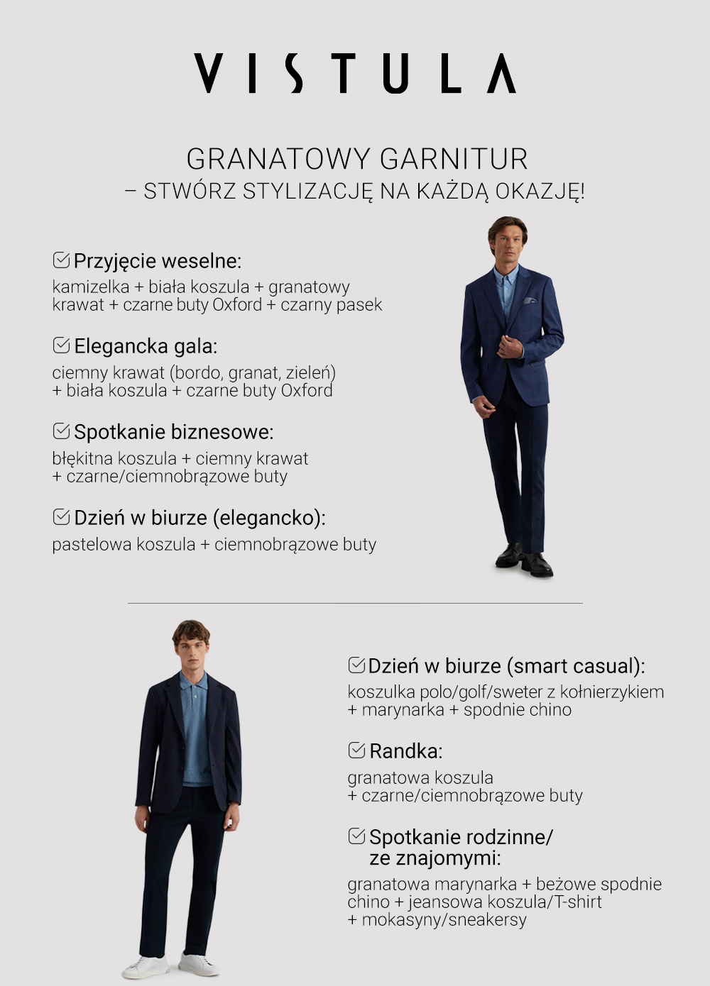 Granatowy garnitur – stwórz stylizację na każdą okazję! - infografika