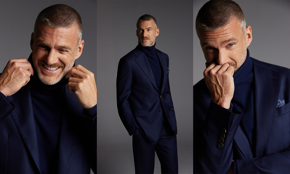 Mężczyzna w garniturze i golfe marki Vistula. - zdjęcie