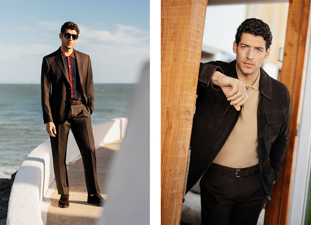 Mężczyzna w brązowych stylizacjach