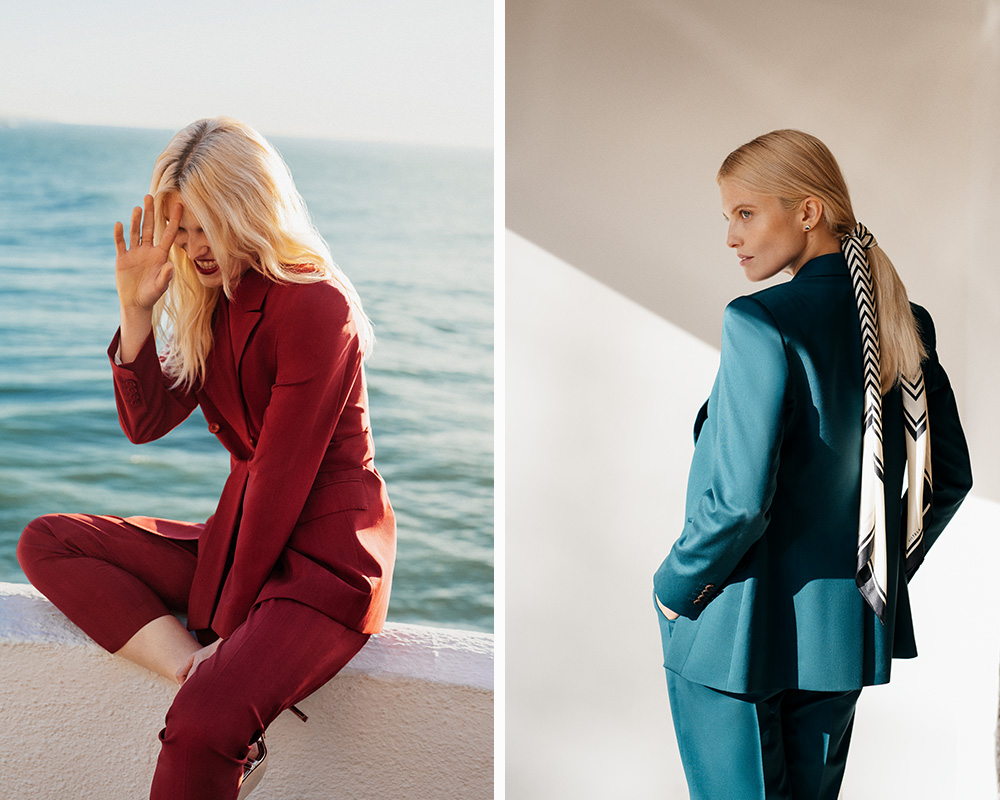 Kobieta w eleganckim garniturze marki Vistula.