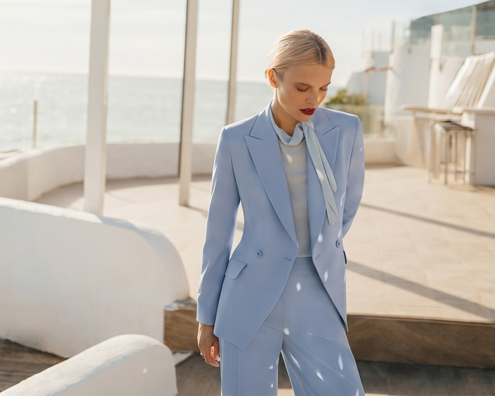 Kobieta w eleganckim garniturze koloru baby blue.