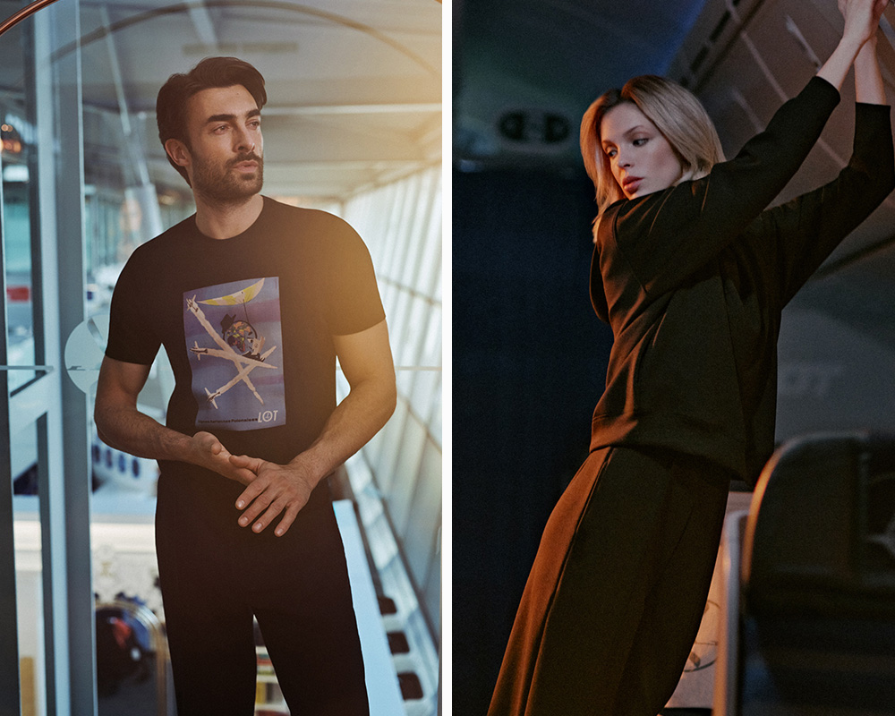 Mężczyzna w czarnym t-shircie stoi w rękawie lotniskowym przed wejściem do samolotu, i kobieta w czarnym dresie sięgająca do schowka na bagaż w samolocie.