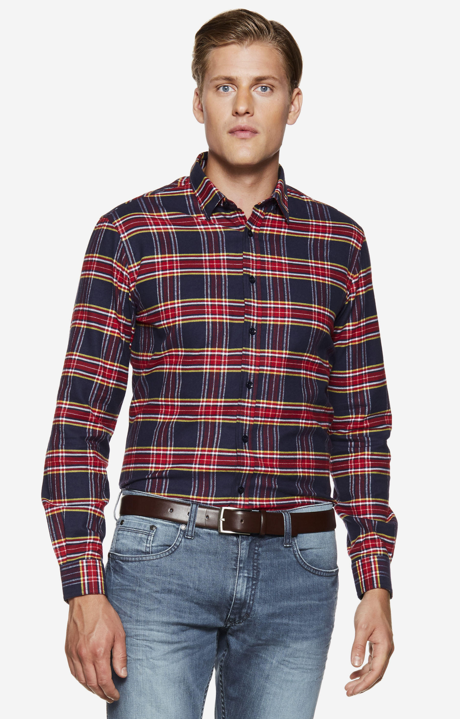 Dopasowana, flanelowa koszula w kratę, kołnierz button-down