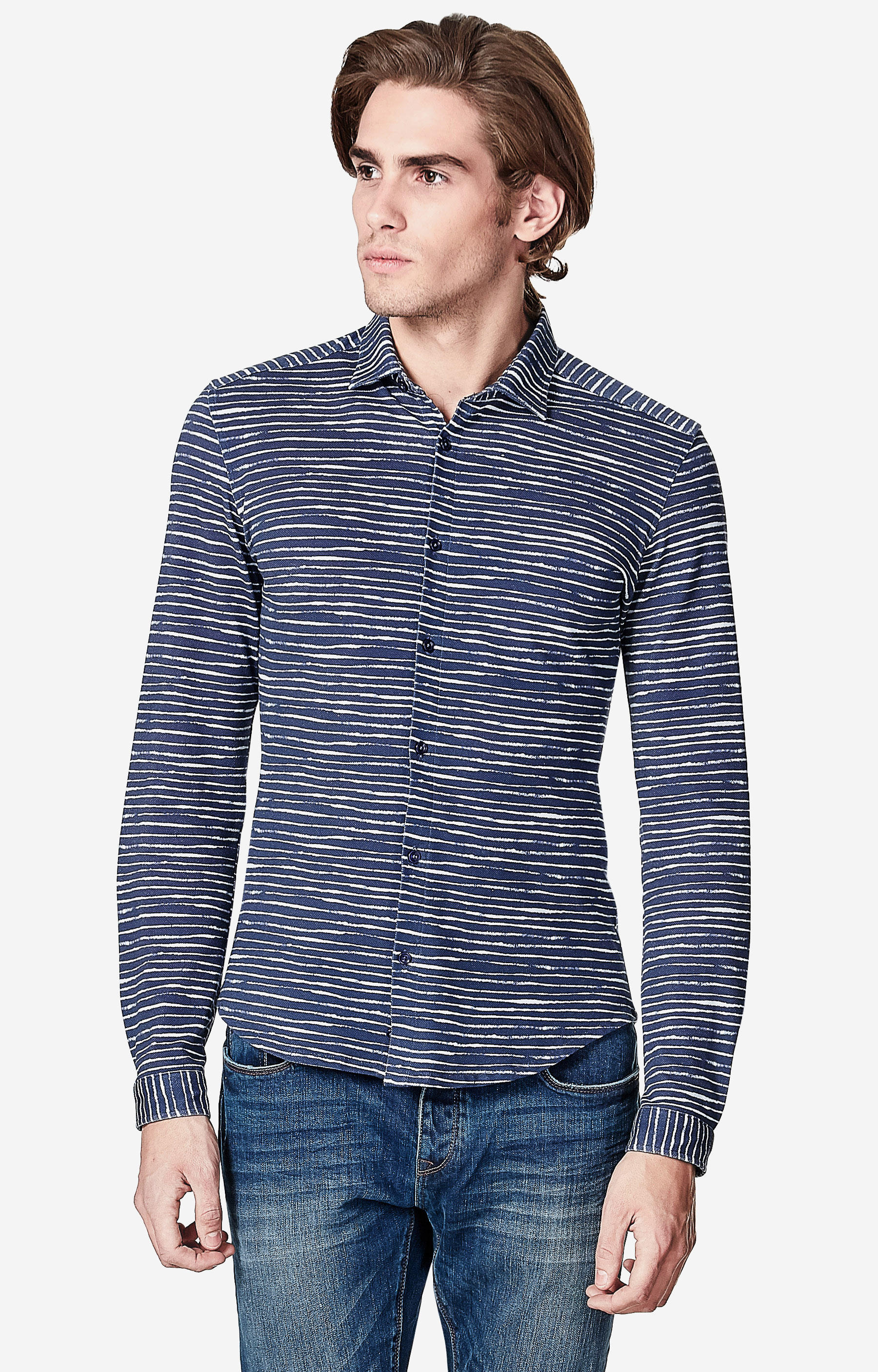 Dopasowana koszula w print z włoskim kołnierzem