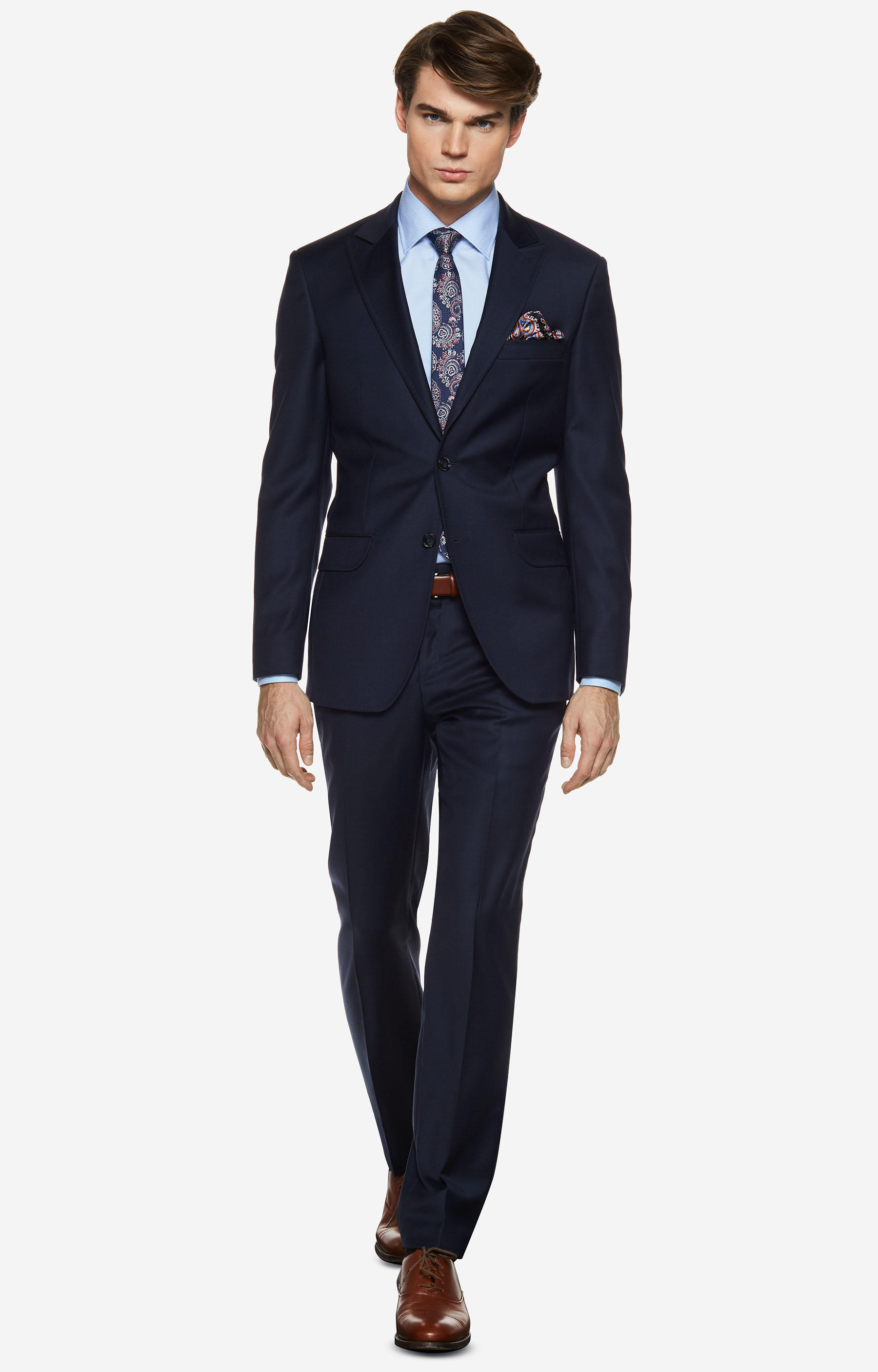 Dopasowany, wełniany garnitur z tkaniny o diagonalnym splocie