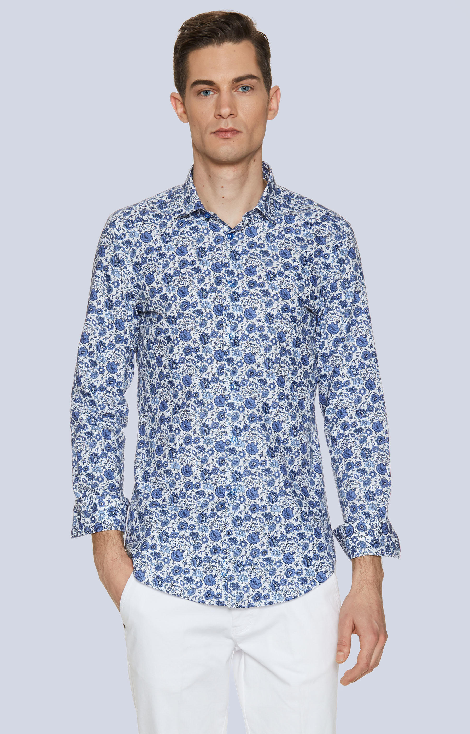 Dopasowana koszula z bawełny egipskiej z kołnierzem typu kryty button-down - 3