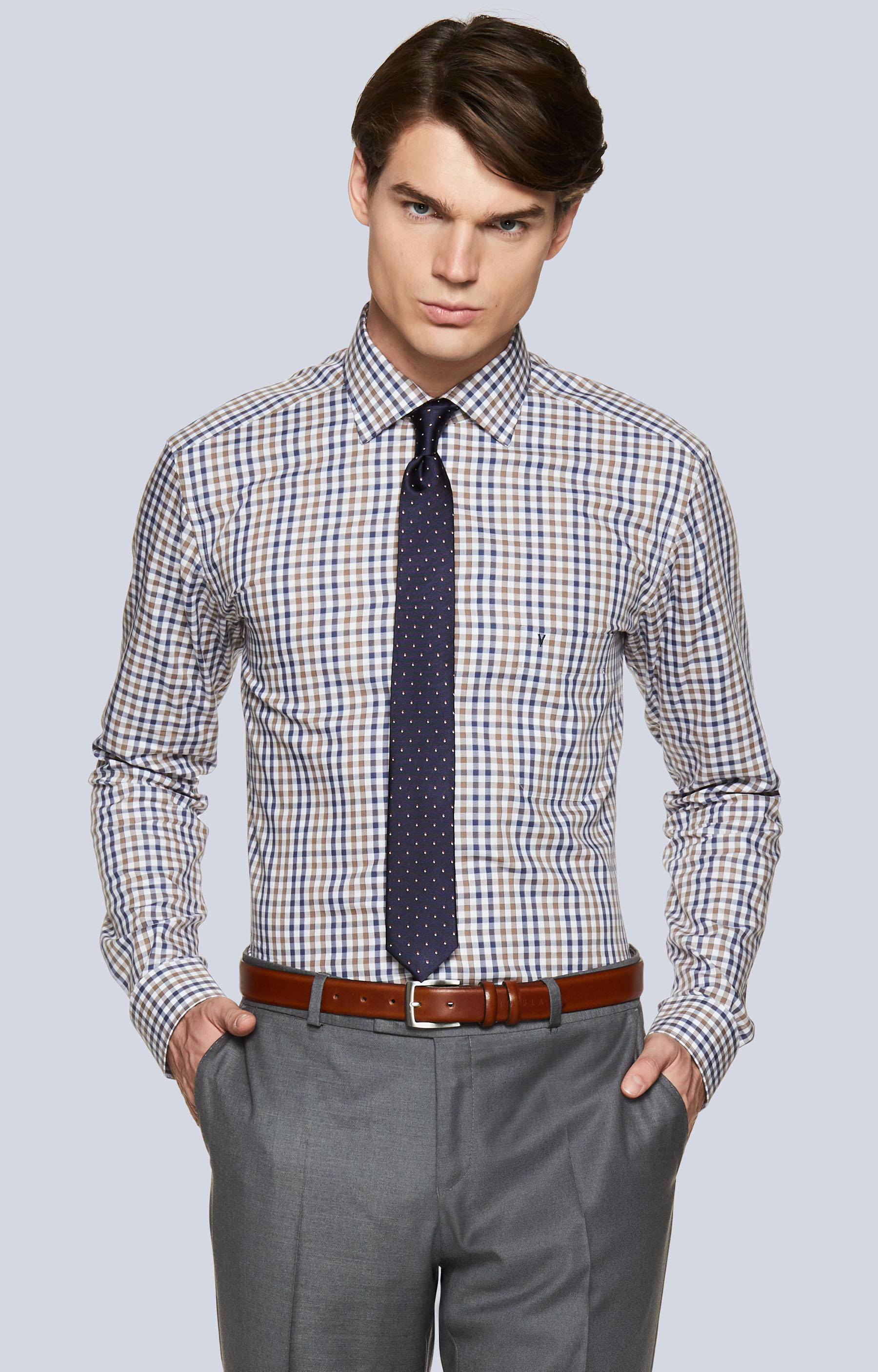 Koszula w kratę z kieszonką, włoski kołnierz