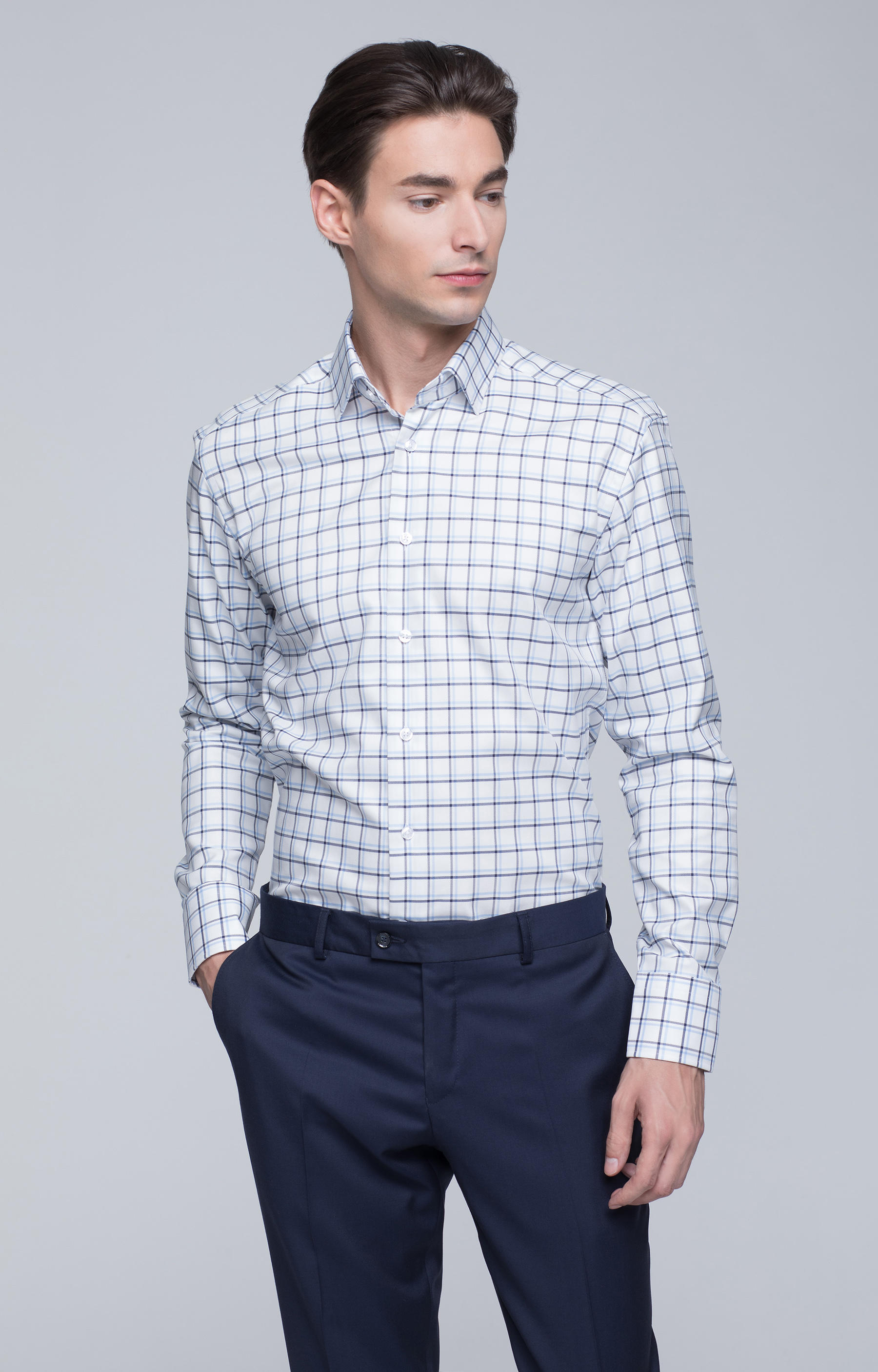 Koszula w kratę z włoskim kołnierzem - 3