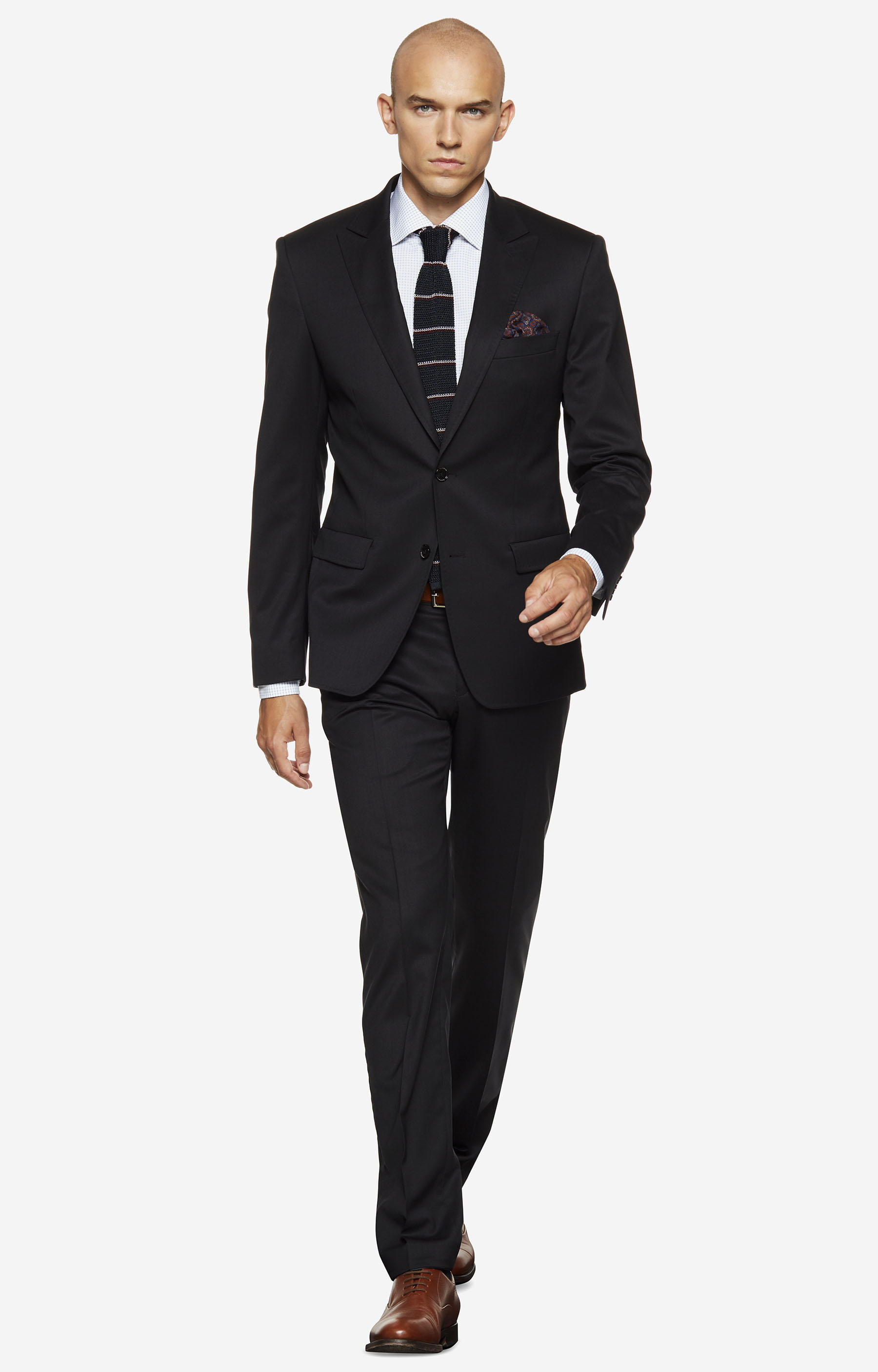 Dopasowany, wełniany garnitur z tkaniny o diagonalnym splocie