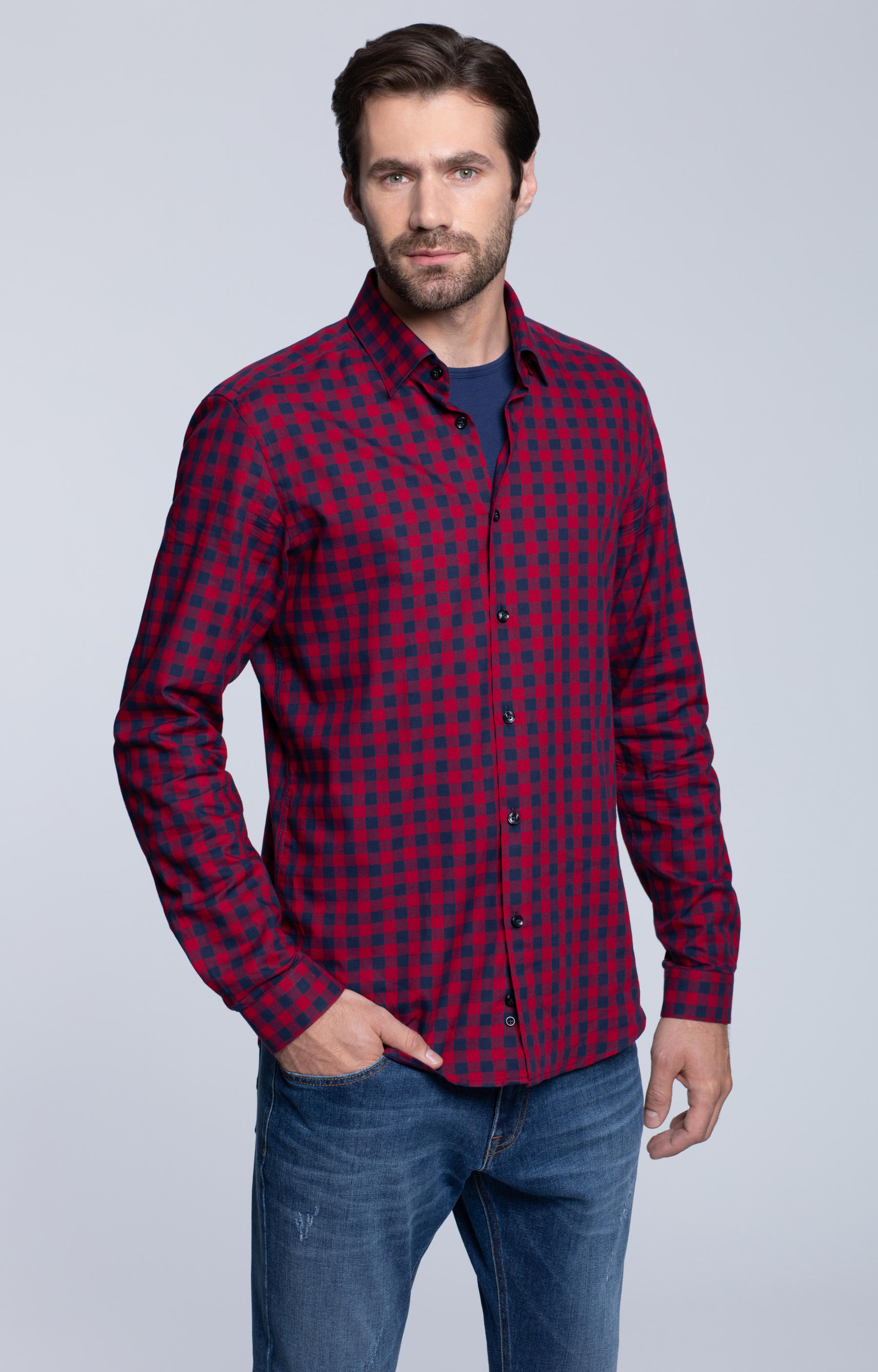 Dopasowana koszula w kratę, kołnierz kryte button-down - 2