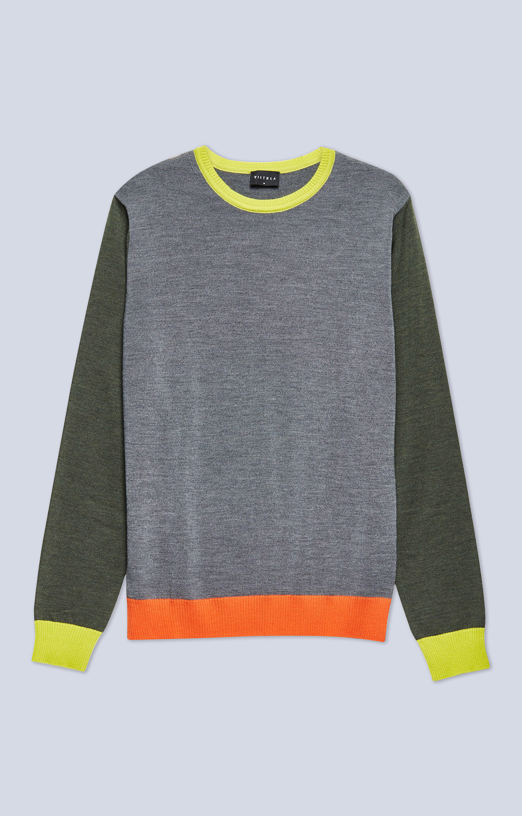 Lekki, wełniany sweter z kolorowymi elementami