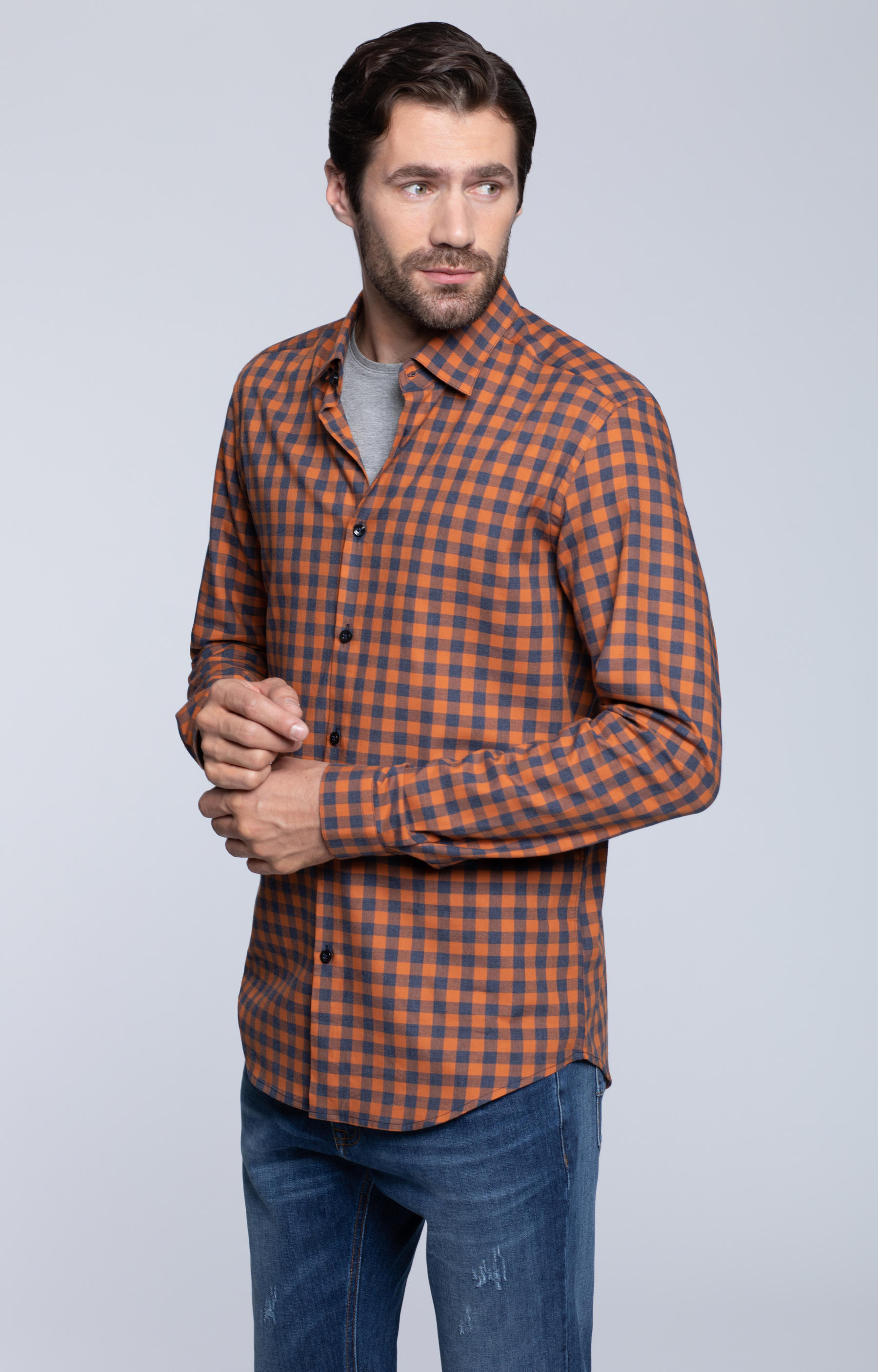 Dopasowana koszula w kratę, kołnierz kryte button-down - 2