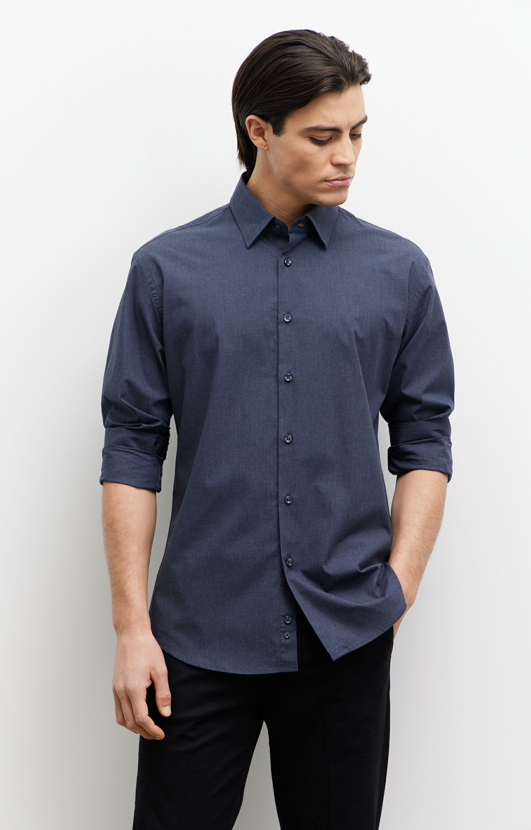 Koszula slim fit z melanżowej tkaniny - 3